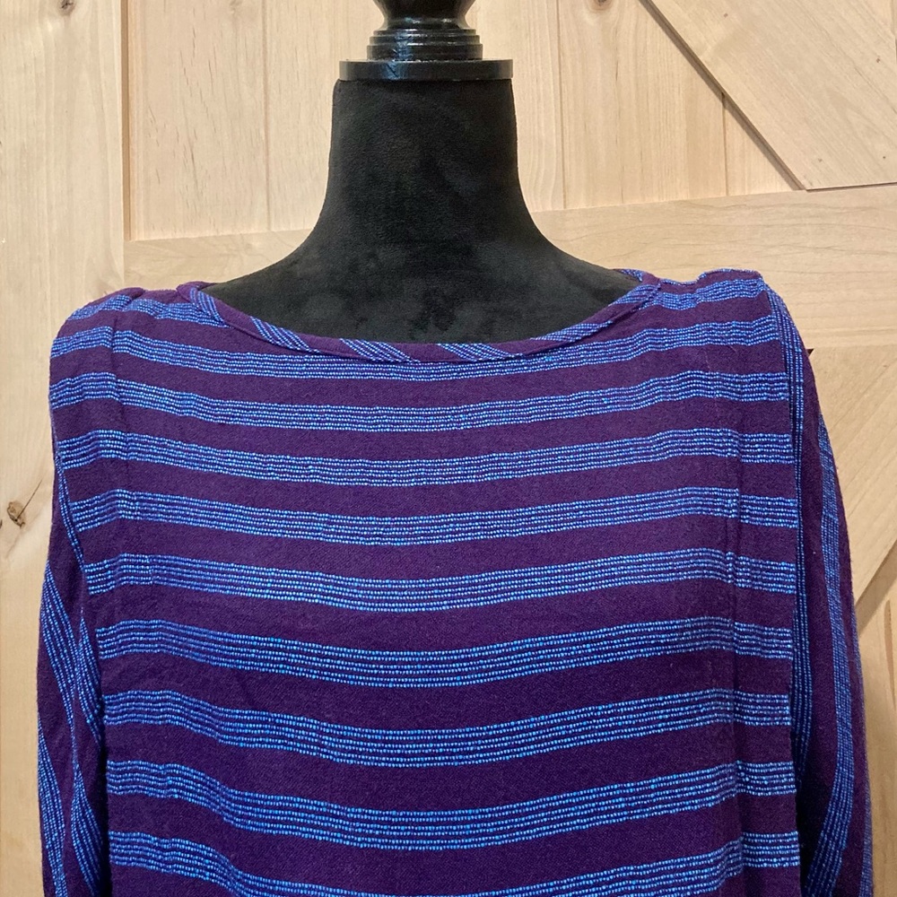 Vintage 90s Purple Blue Striped Drop Waist Dress 3/4 Sleeve Medium - Picture 5 of 12